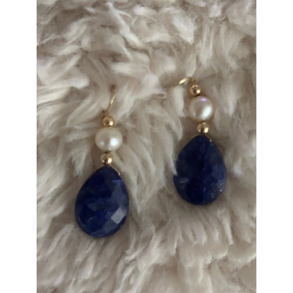 Ross-Simons Earrings Blue Faceted Teardrop & White Pearl Dangle Drop